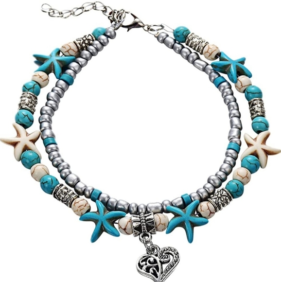 NWT Bohemian Double Pattern Ankle Bracelet Chain w/Snail Sea Star & 🤍 Pendant - Picture 3 of 4